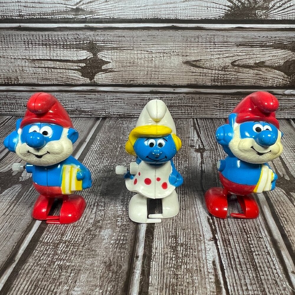 Lot of 3 Vintage 1982 Galoob Peyo Wind Up Walking Papa Smurf and Smurfette Toy